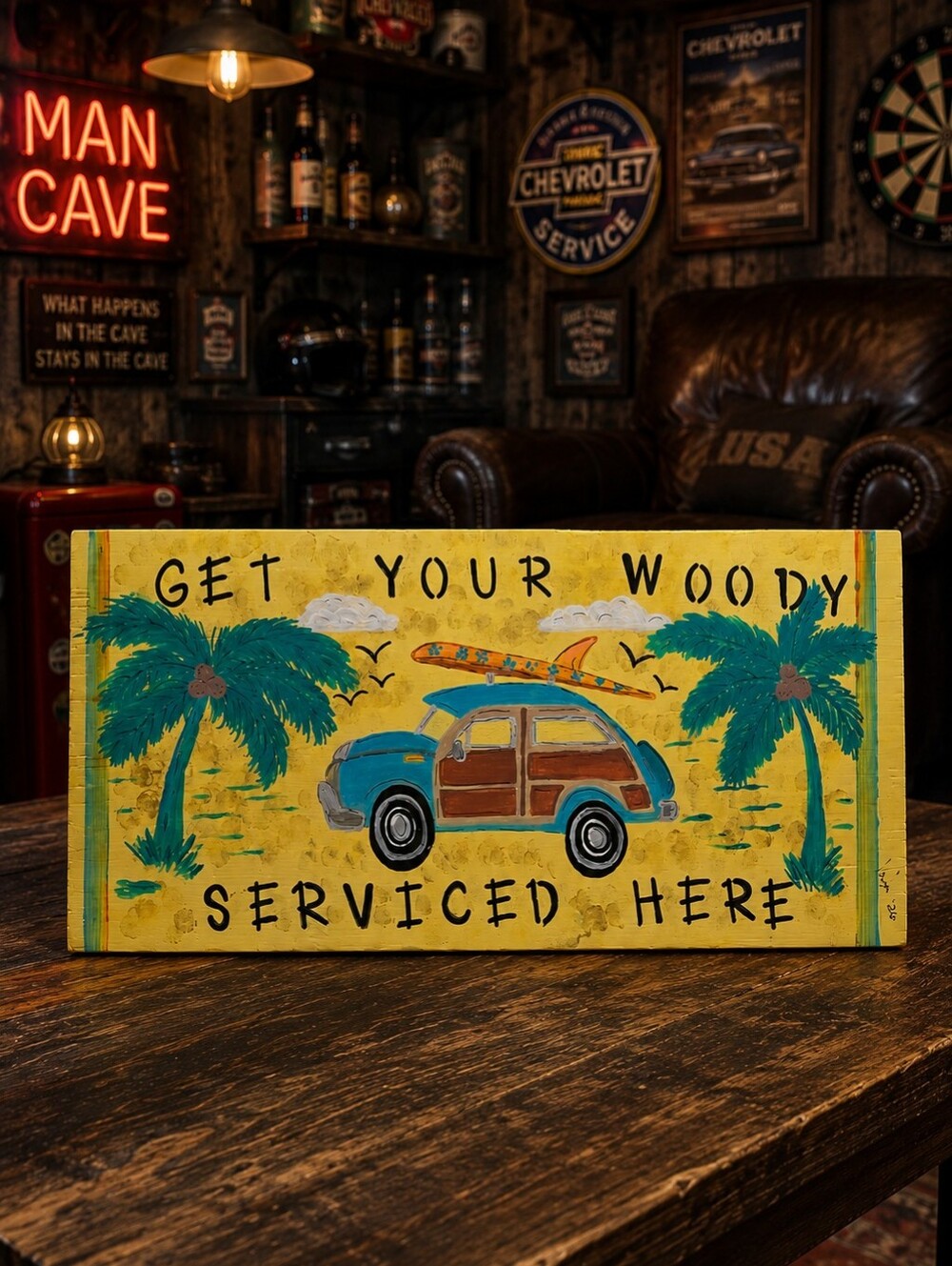 Hand-Painted Solid Wood “Get Your Woody Serviced Here” Beach Sign